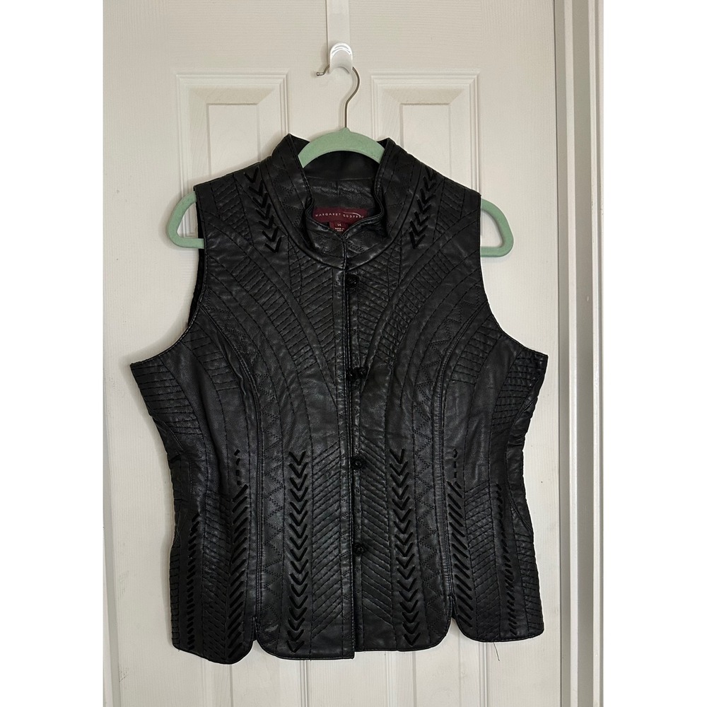 Margaret Godfrey Black Leather Quilted Frog Button Vest Women Size 14